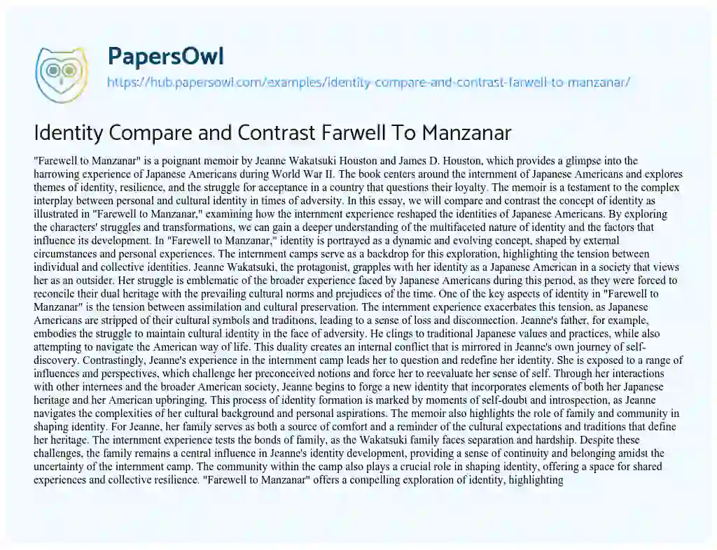 Essay on Identity Compare and Contrast Farwell To Manzanar