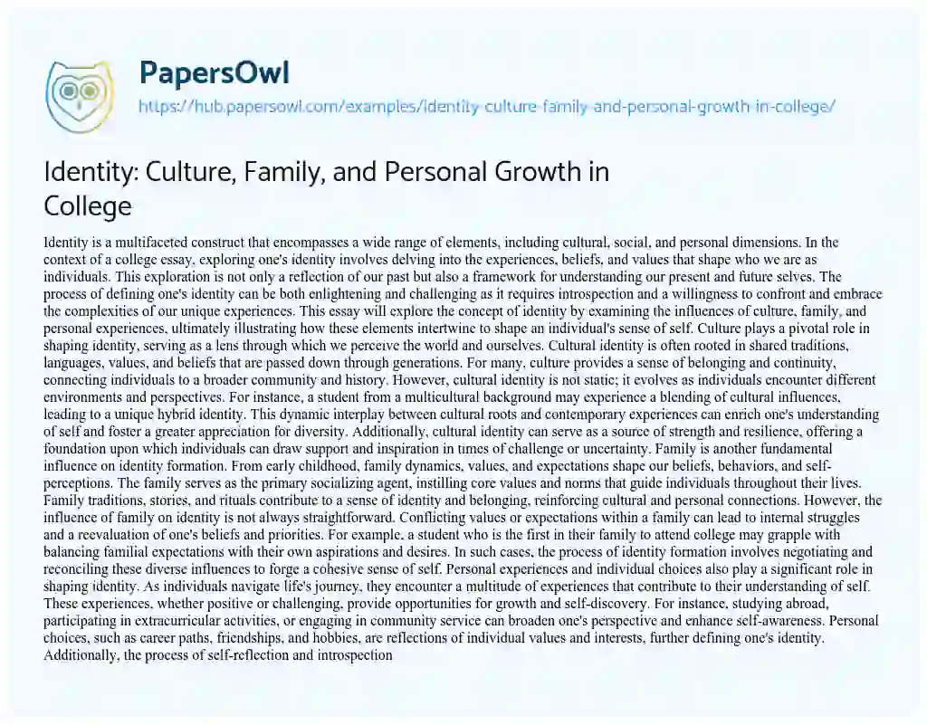 Essay on Identity: Culture, Family, and Personal Growth in College