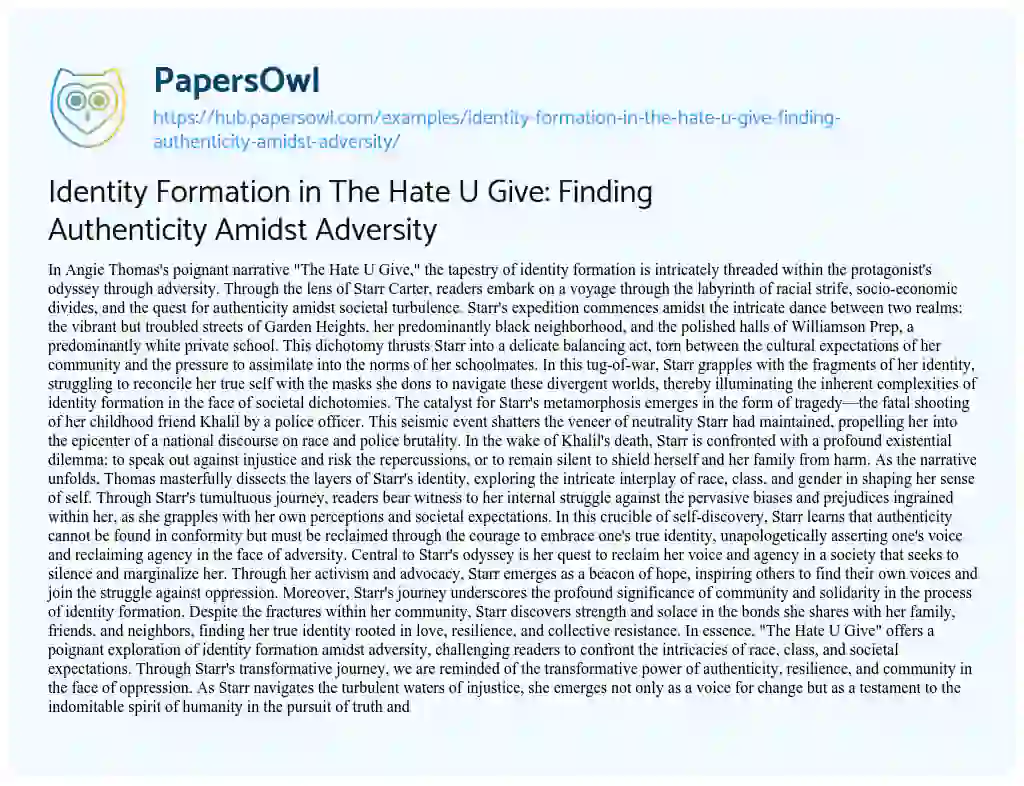 Essay on Identity Formation in The Hate U Give: Finding Authenticity Amidst Adversity