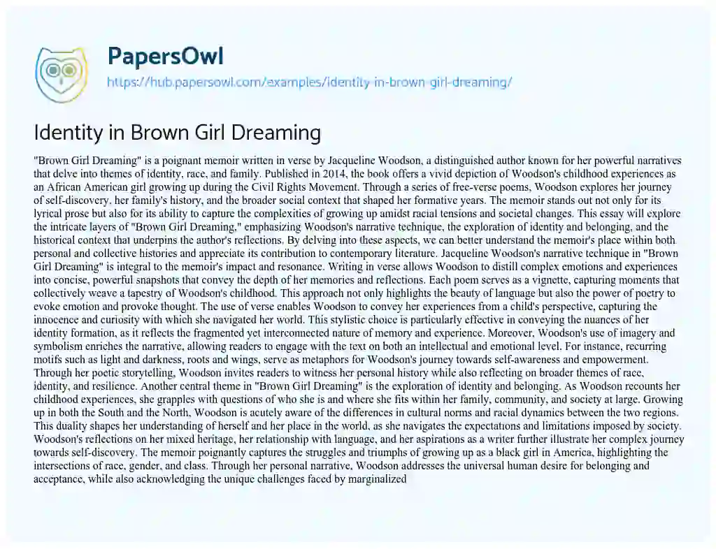 Essay on Identity in Brown Girl Dreaming