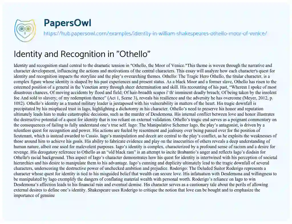 Essay on Identity and Recognition in “Othello”