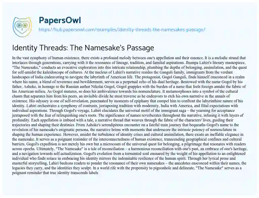 Essay on Identity Threads: The Namesake’s Passage