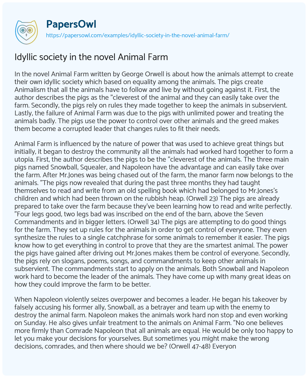 Essay on Idyllic society in the novel Animal Farm