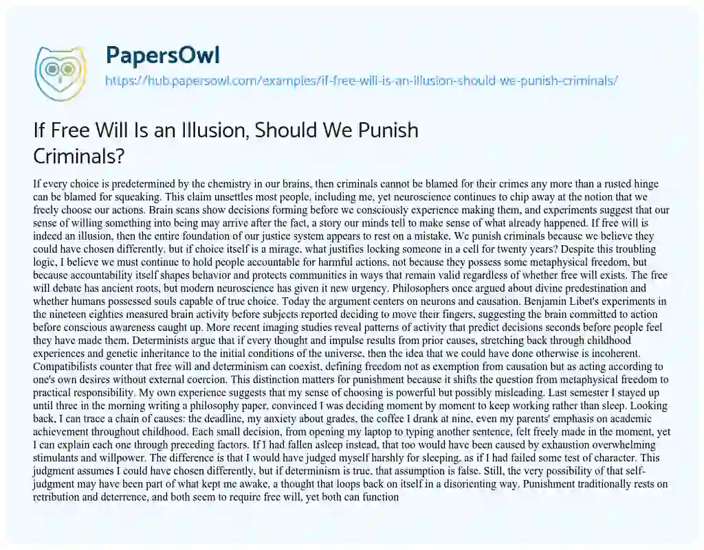 Essay on If Free Will Is an Illusion, Should We Punish Criminals?