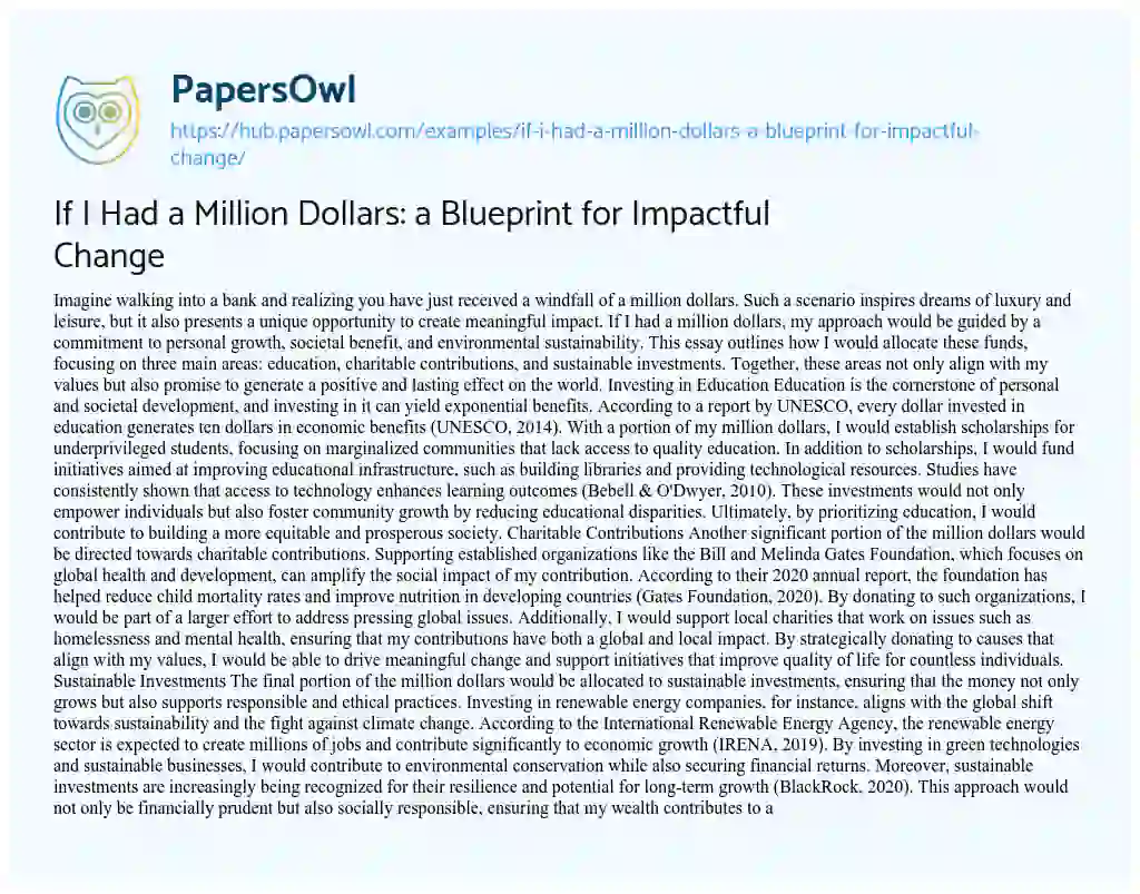 Essay on If I Had a Million Dollars: a Blueprint for Impactful Change