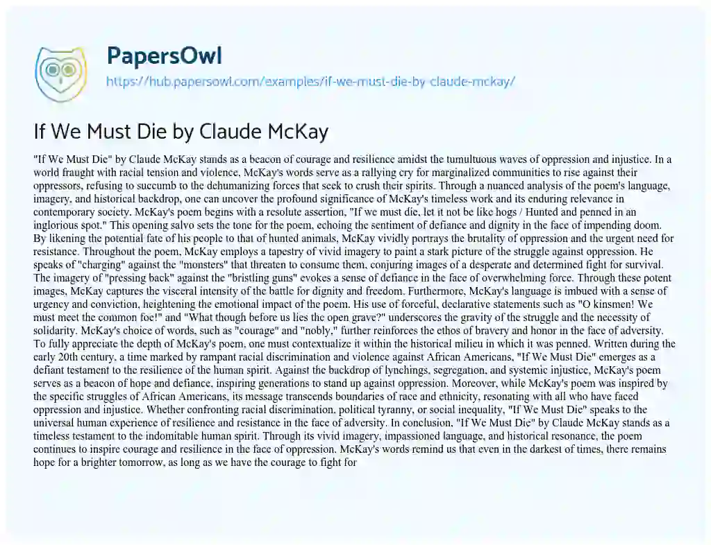 Essay on If We Must Die by Claude McKay