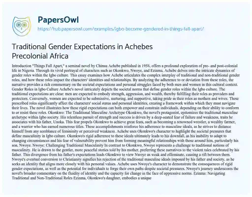 Essay on Traditional Gender Expectations in Achebes Precolonial Africa
