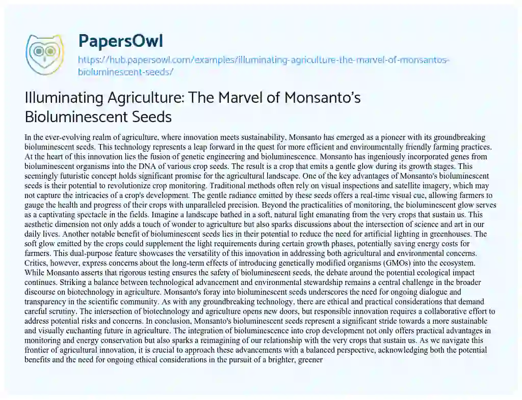 Essay on Illuminating Agriculture: The Marvel of Monsanto’s Bioluminescent Seeds
