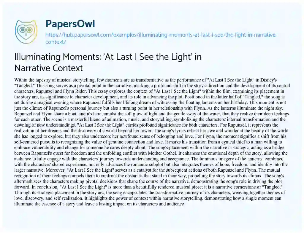 Essay on Illuminating Moments: ‘At Last I See the Light’ in Narrative Context