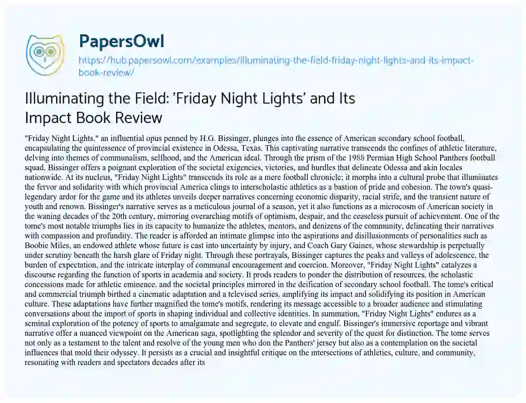 Essay on Illuminating the Field: ‘Friday Night Lights’ and Its Impact Book Review