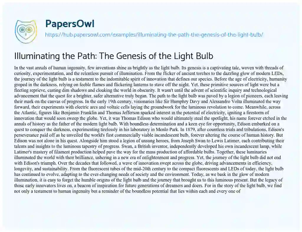 Essay on Illuminating the Path: The Genesis of the Light Bulb