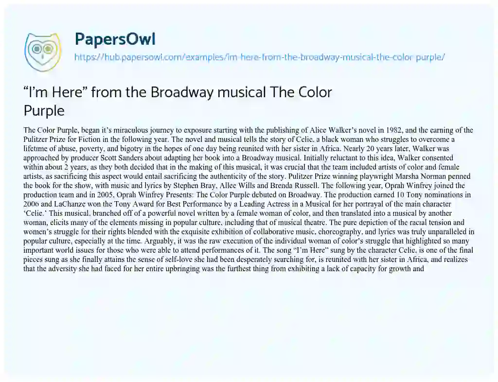 Essay on “I’m Here” from the Broadway musical The Color Purple