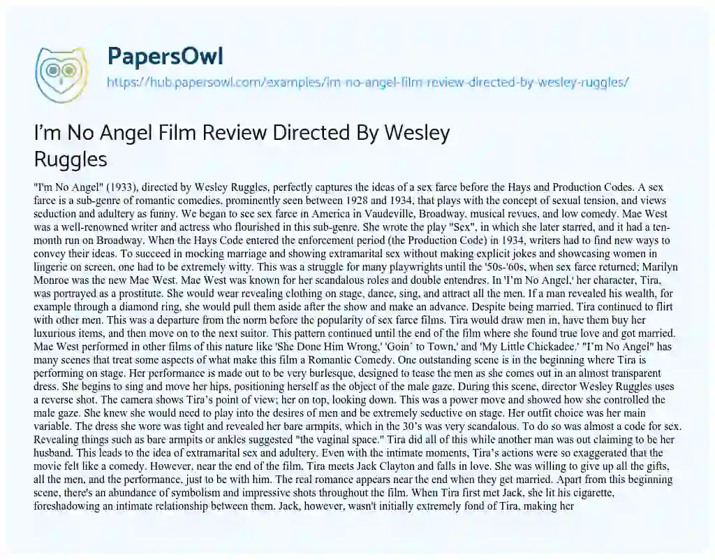 Essay on I’m No Angel Film Review Directed By Wesley Ruggles