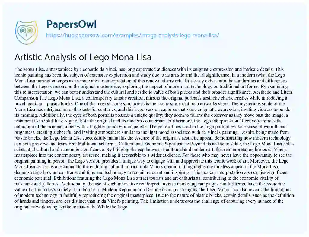 Essay on Artistic Analysis of Lego Mona Lisa