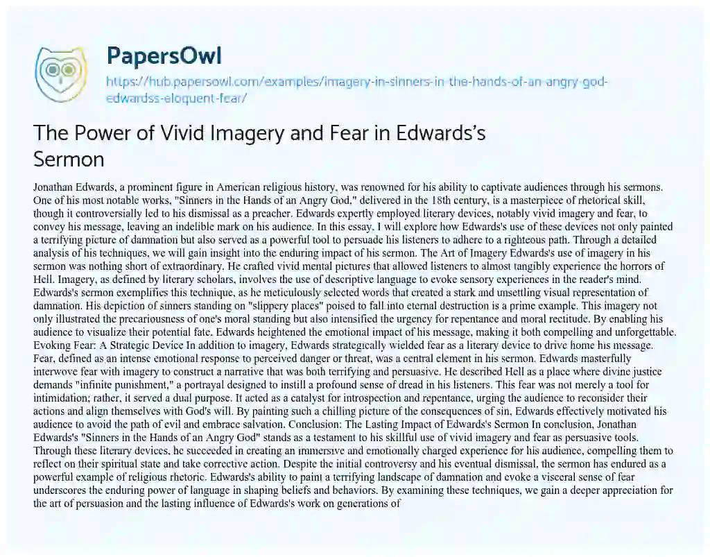 Essay on The Power of Vivid Imagery and Fear in Edwards’s Sermon