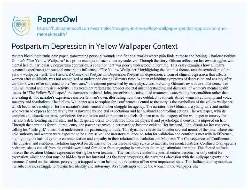 Essay on Postpartum Depression in Yellow Wallpaper Context