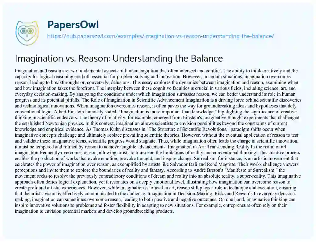 Essay on Imagination vs. Reason: Understanding the Balance