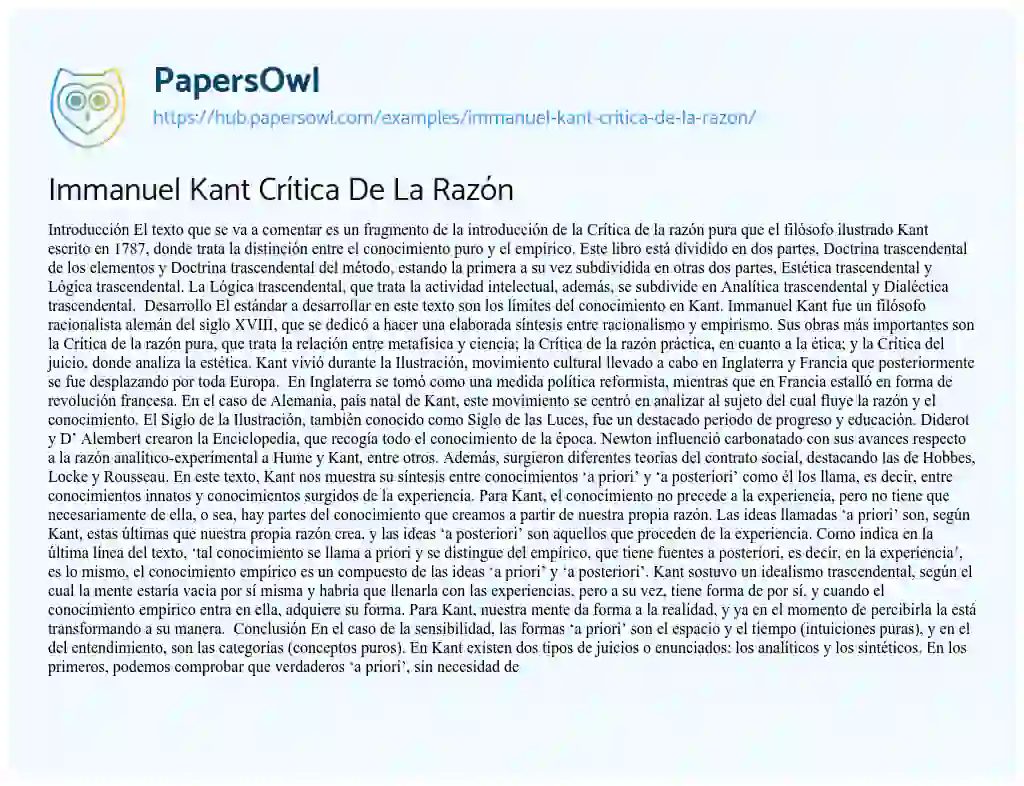 Essay on Immanuel Kant Crítica De La Razón