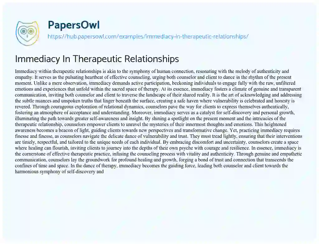 Essay on Immediacy In Therapeutic Relationships
