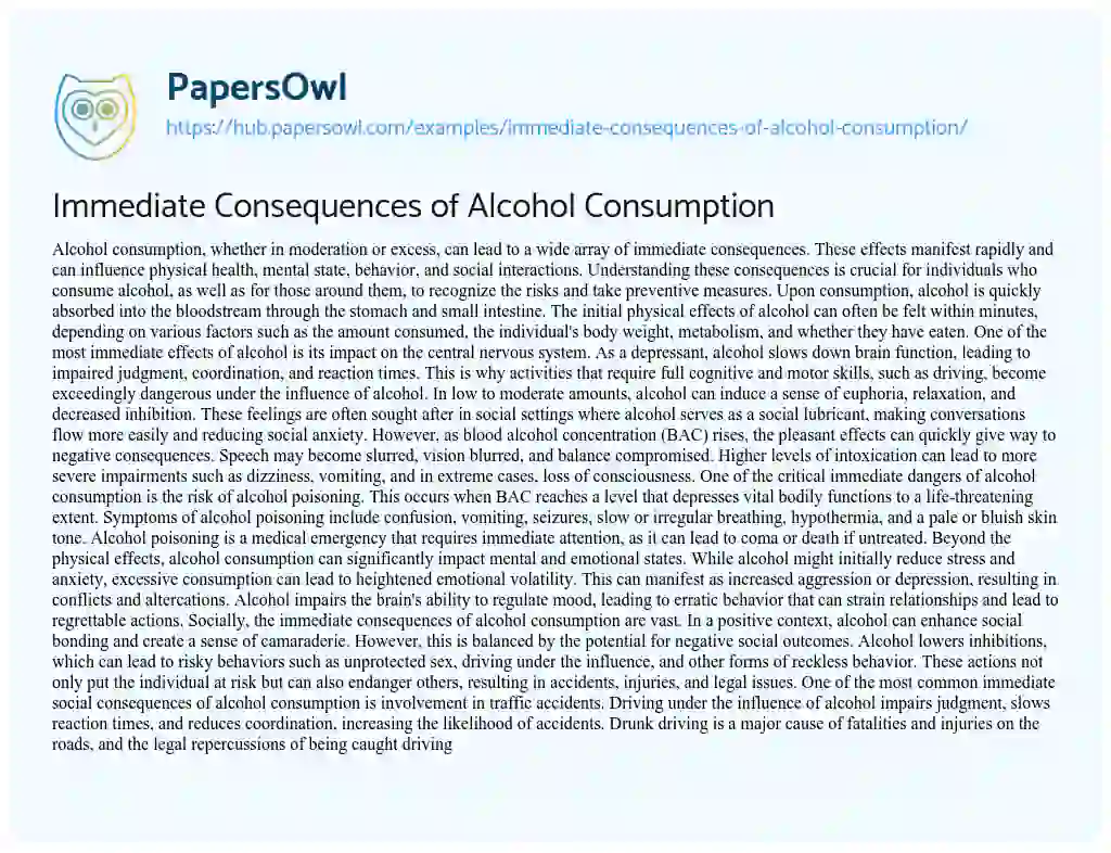 Essay on Immediate Consequences of Alcohol Consumption