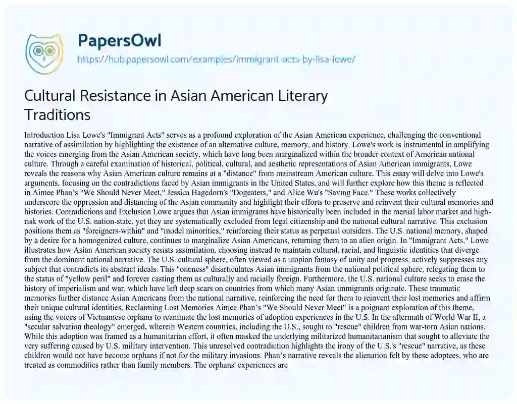 Essay on Cultural Resistance in Asian American Literary Traditions