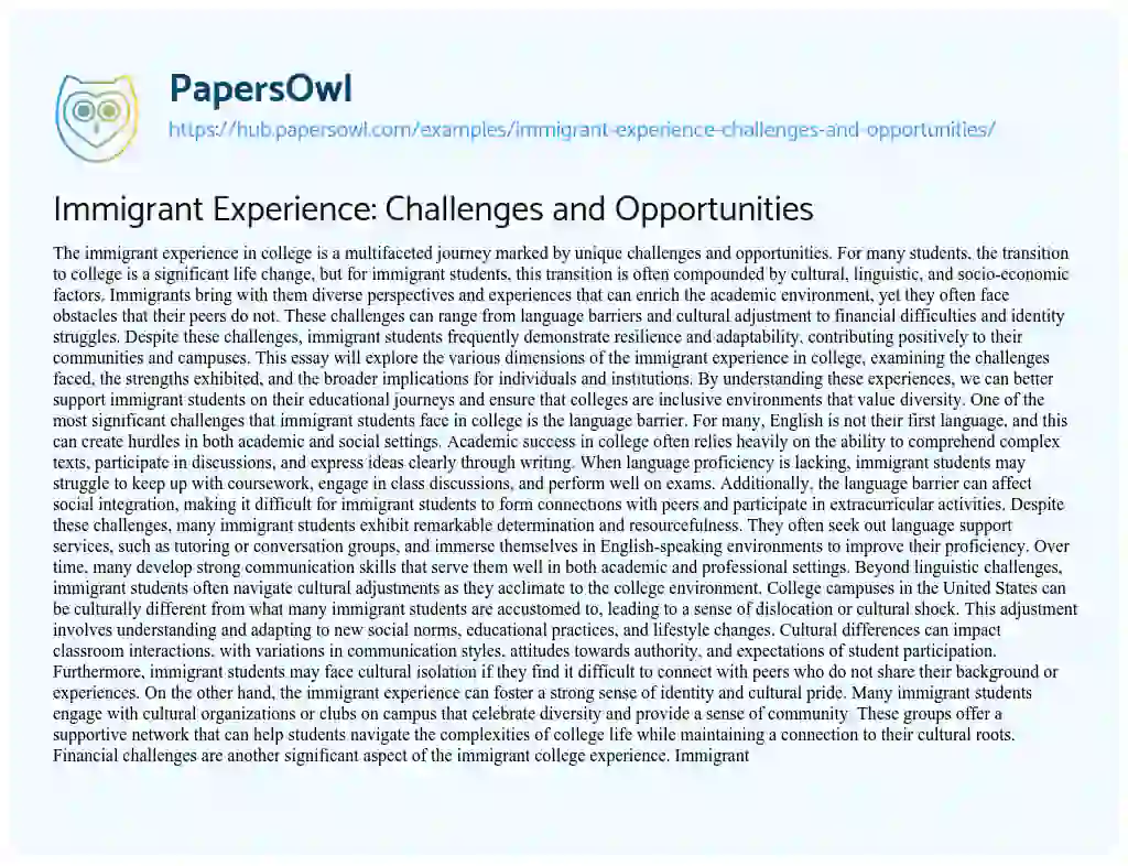 Essay on Immigrant Experience: Challenges and Opportunities