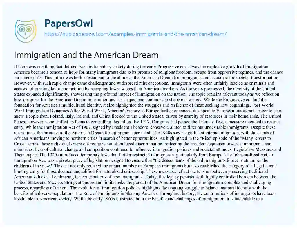 Essay on Immigration and the American Dream