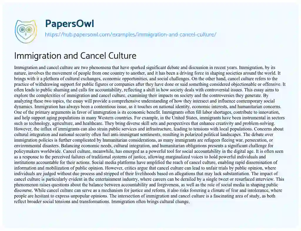 Essay on Immigration and Cancel Culture