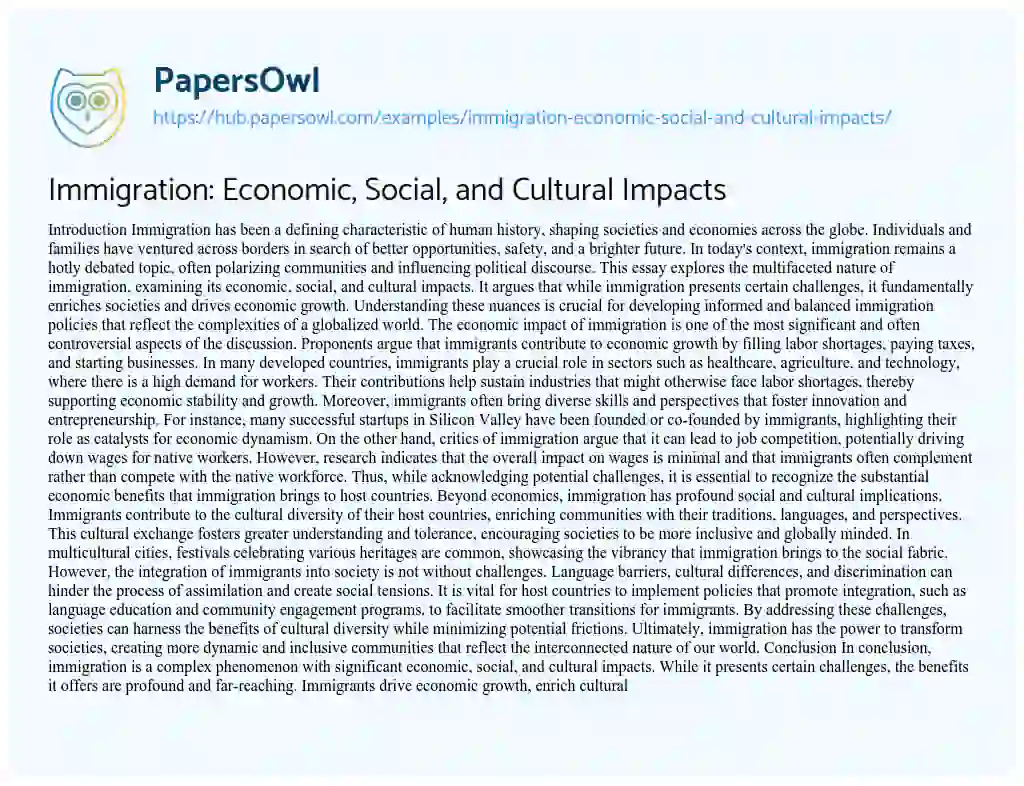 Essay on Immigration: Economic, Social, and Cultural Impacts