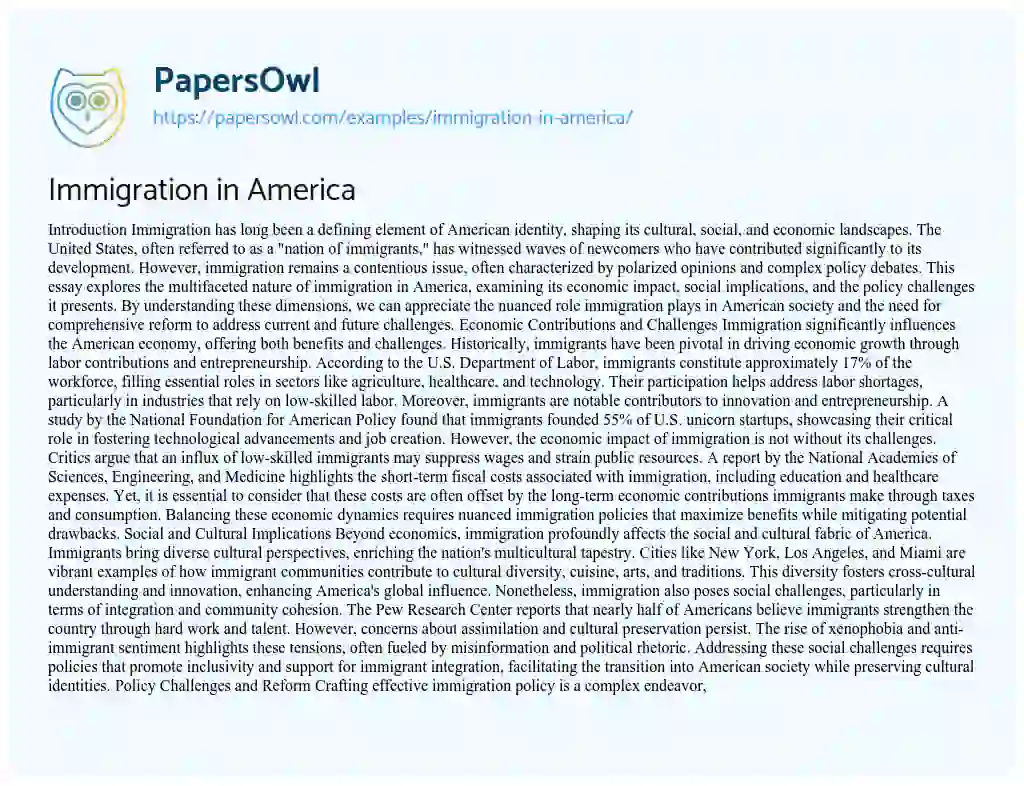 Essay on Immigration in America