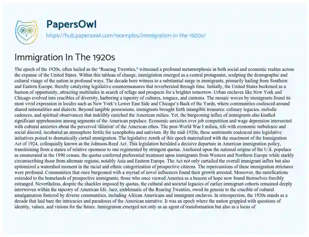 Essay on Immigration In The 1920s