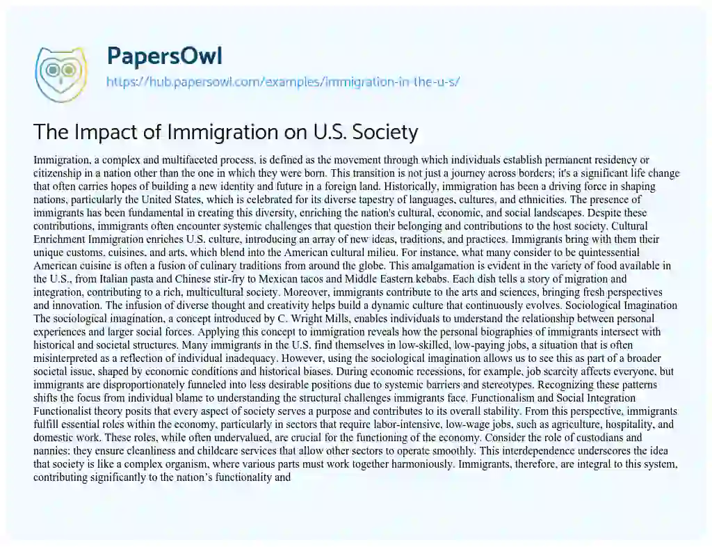 Essay on The Impact of Immigration on U.S. Society