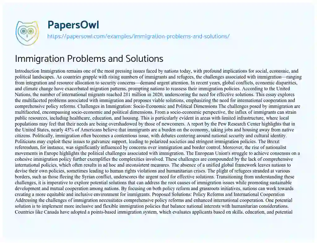 Essay on Immigration Problems and Solutions