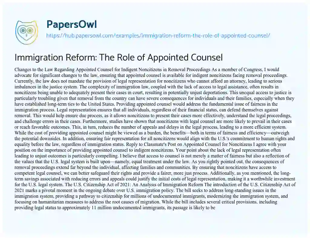 Essay on Immigration Reform: The Role of Appointed Counsel