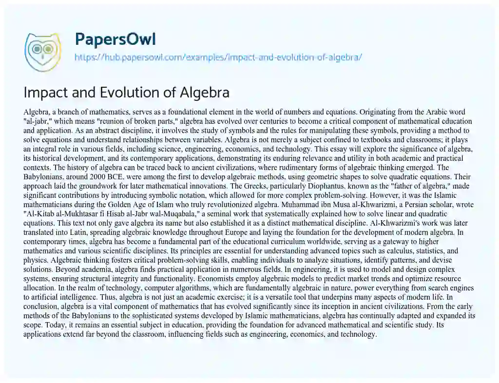 Essay on Impact and Evolution of Algebra