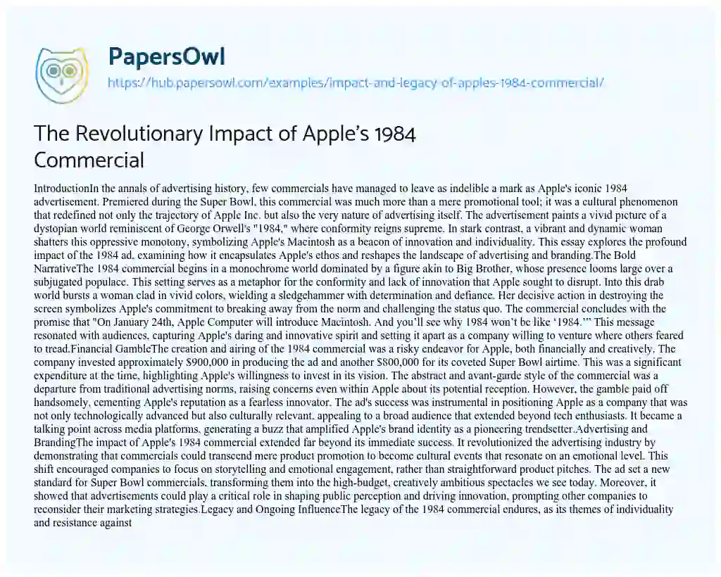Essay on The Revolutionary Impact of Apple’s 1984 Commercial