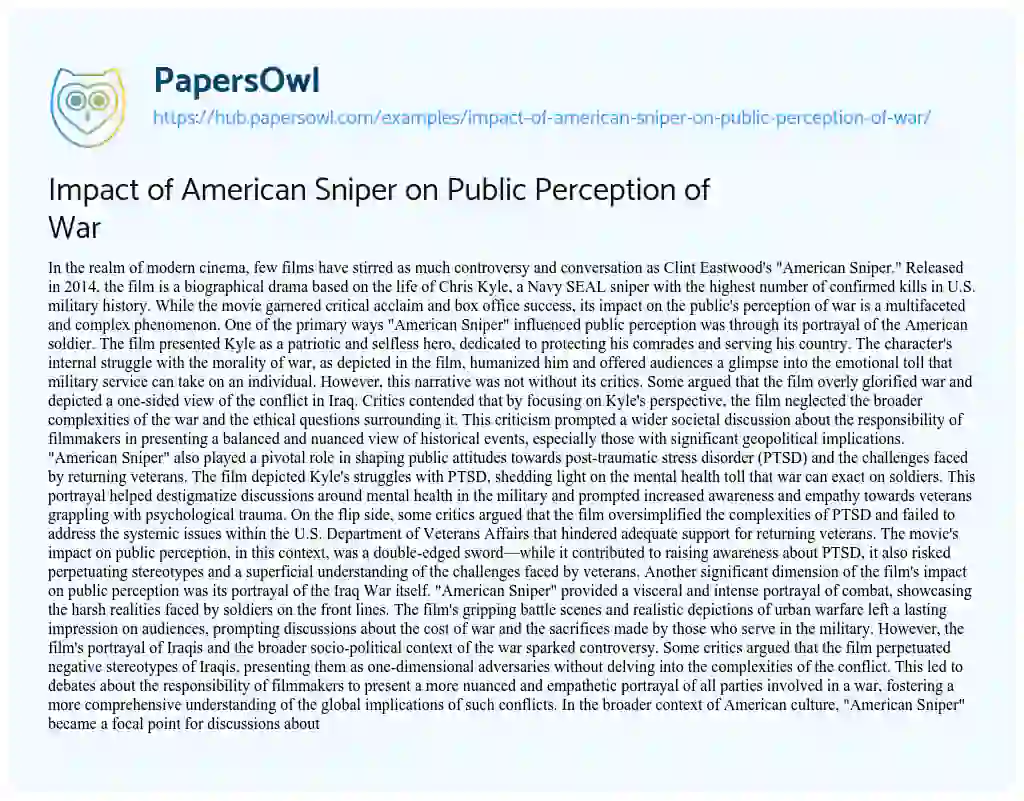 Essay on Impact of American Sniper on Public Perception of War