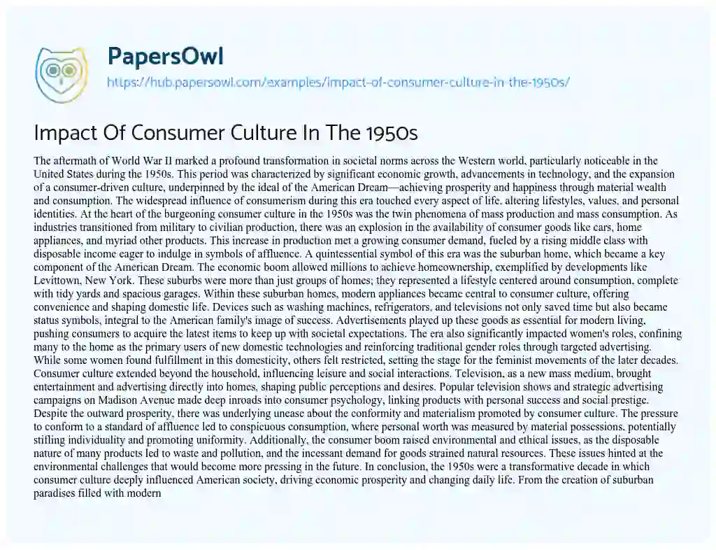 Essay on Impact Of Consumer Culture In The 1950s
