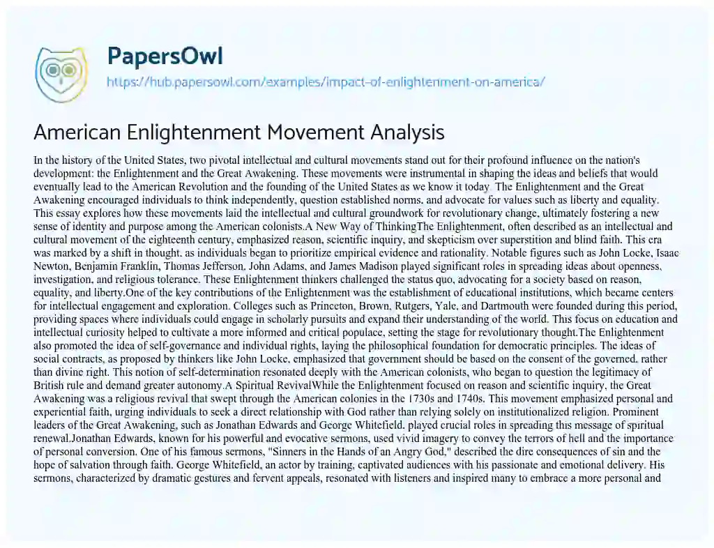 Essay on American Enlightenment Movement Analysis