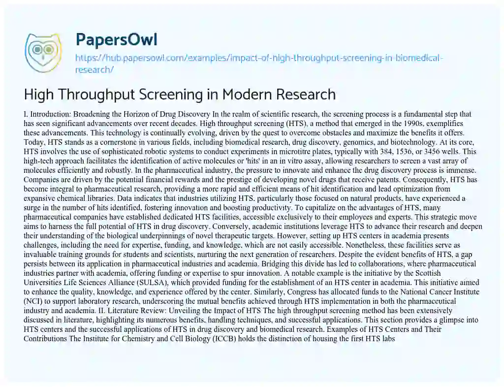 Essay on High Throughput Screening in Modern Research