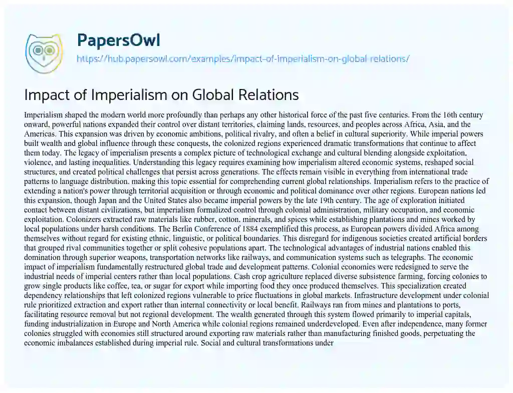 Essay on Impact of Imperialism on Global Relations