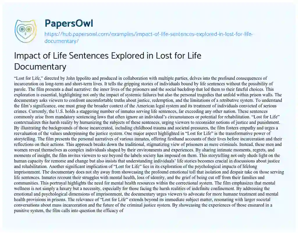 Essay on Impact of Life Sentences Explored in Lost for Life Documentary