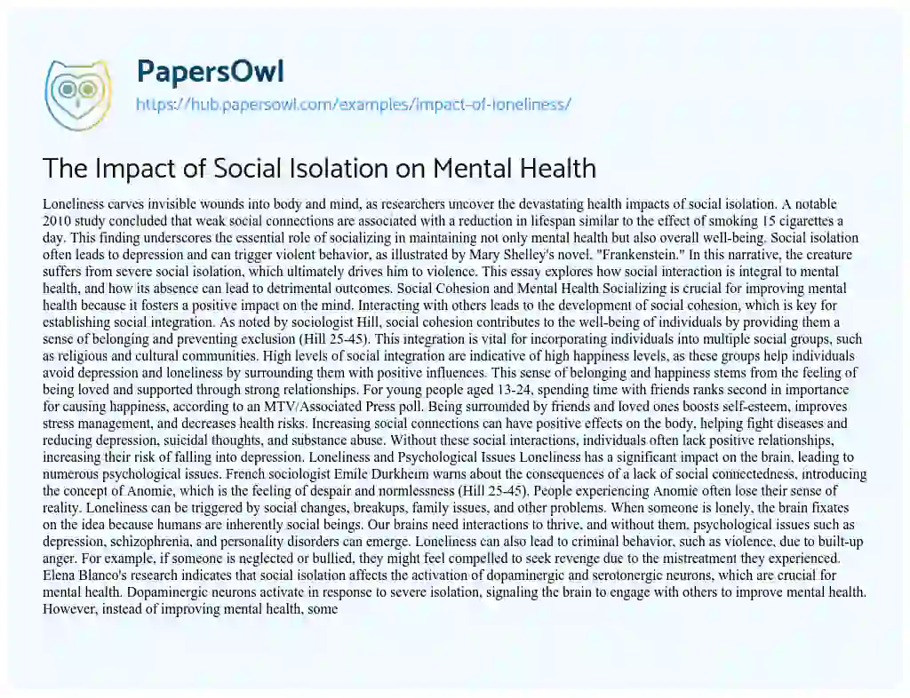 Essay on The Impact of Social Isolation on Mental Health