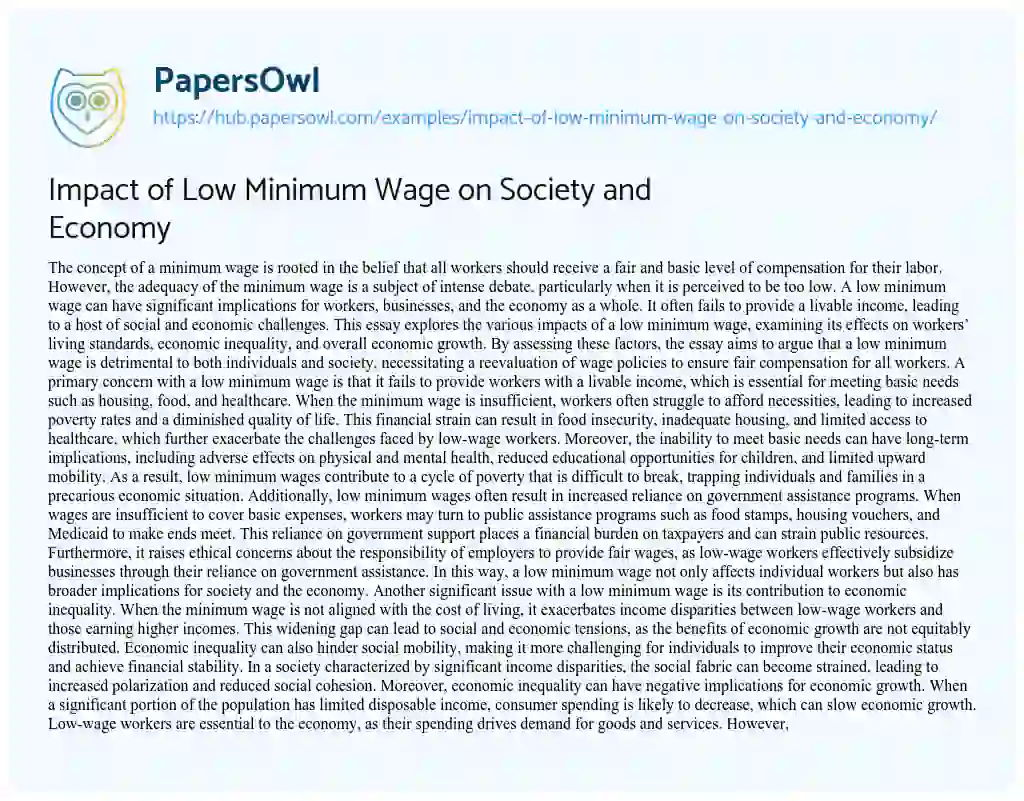 Essay on Impact of Low Minimum Wage on Society and Economy