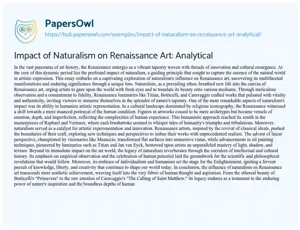Essay on Impact of Naturalism on Renaissance Art: Analytical