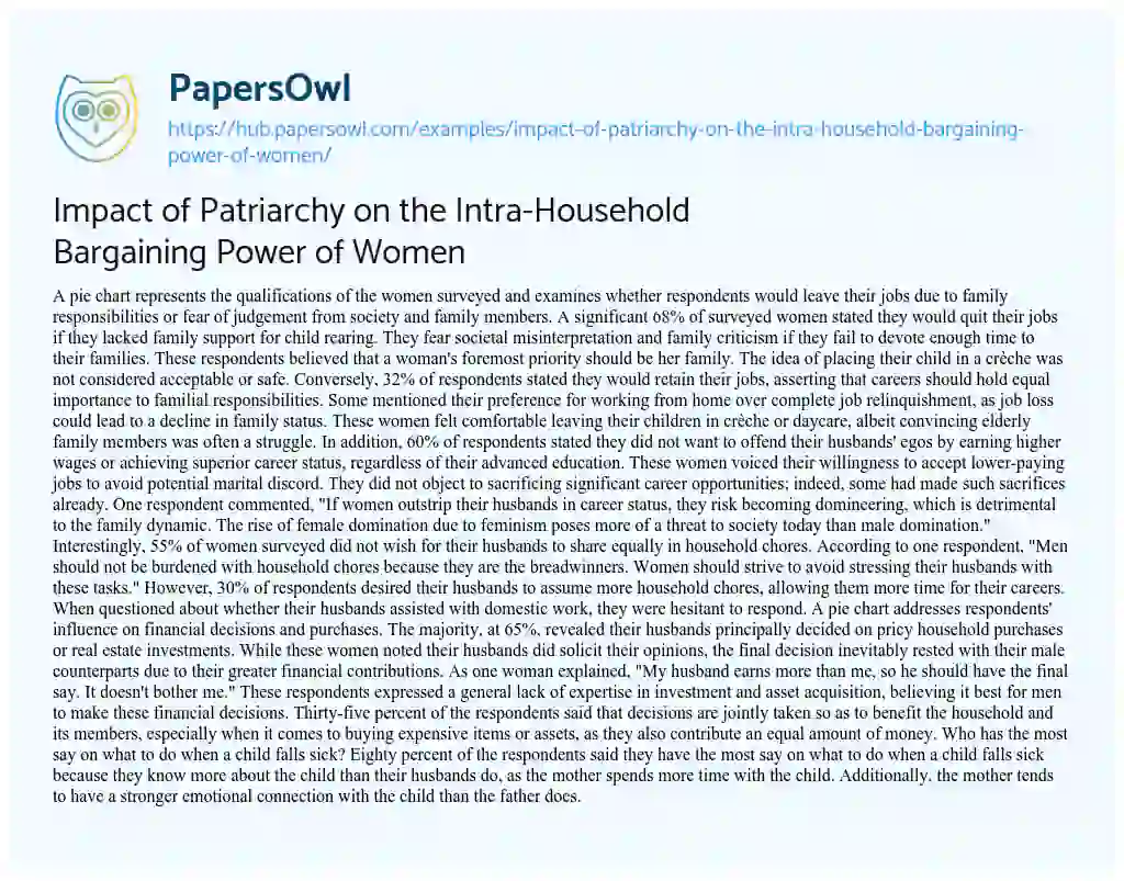 Essay on Impact of Patriarchy on the Intra-Household Bargaining Power of Women