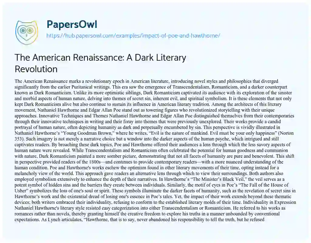 Essay on The American Renaissance: A Dark Literary Revolution