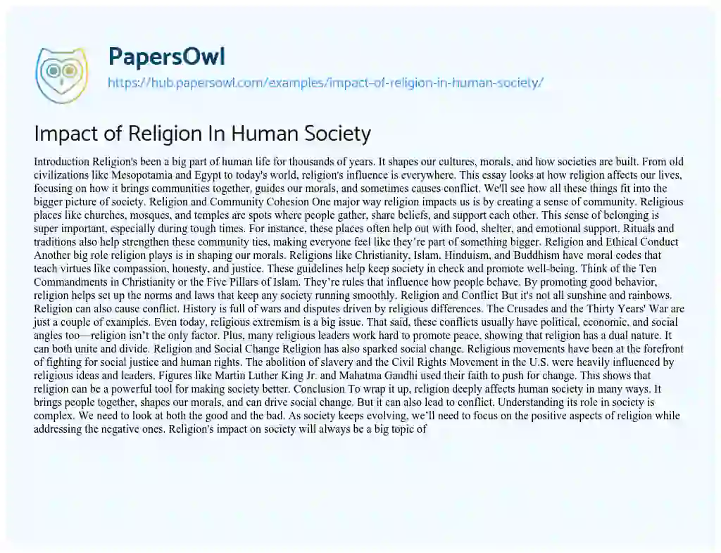 Essay on Impact of Religion In Human Society
