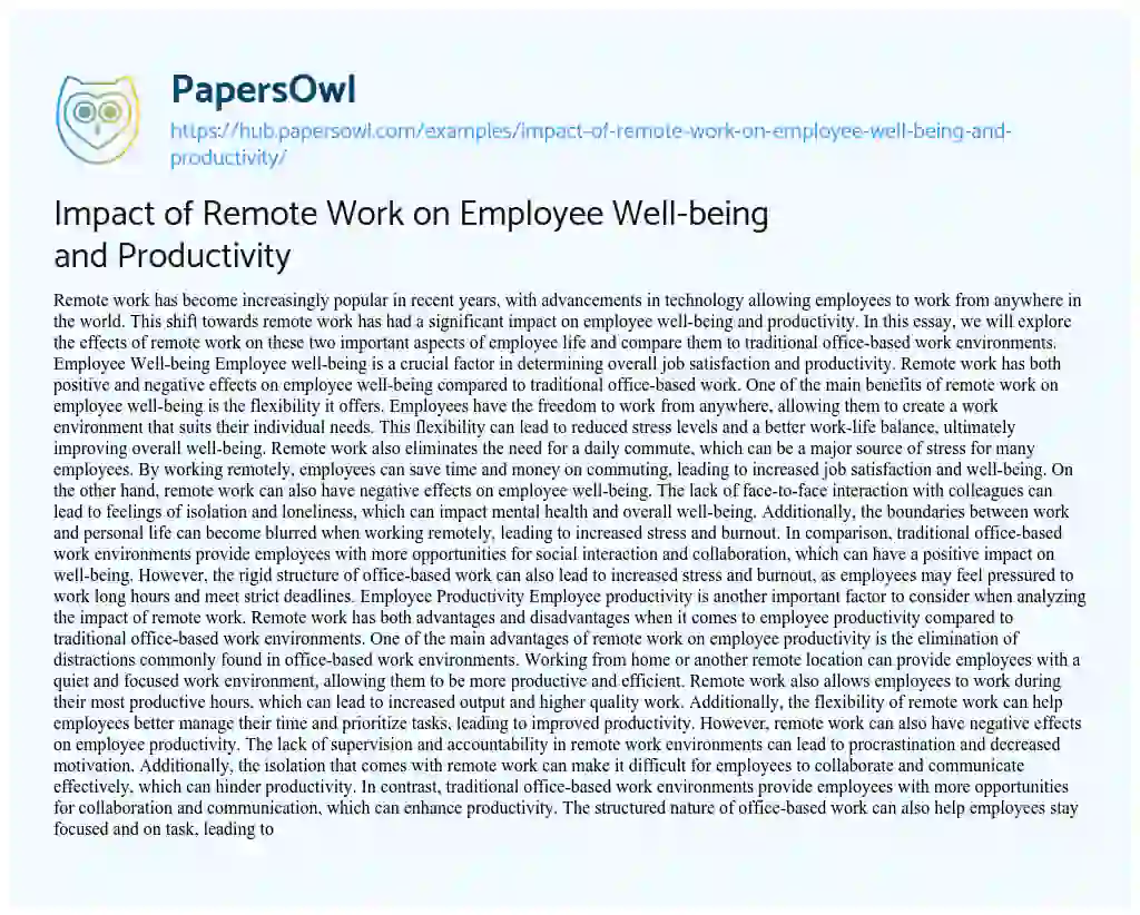 Essay on Impact of Remote Work on Employee Well-being and Productivity