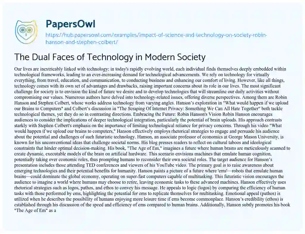 Essay on The Dual Faces of Technology in Modern Society
